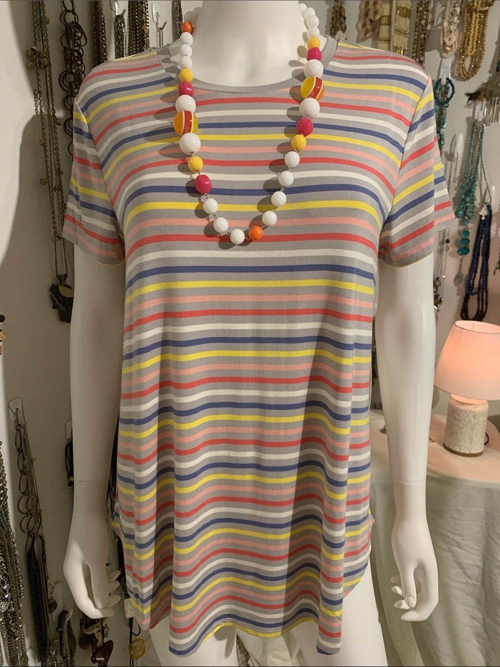 Grace & Lace Short Sleeve Tunic Top in Pastel Stripe with necklace